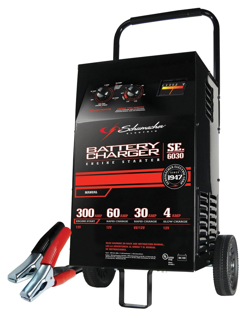 Electric Wheeled Battery Charger and Engine Starter, SC1446, 2-in-1, manual timer control, 300 crank amps, 6 volts, 12 volts, for car, SUV, truck and Marine batteries Y9