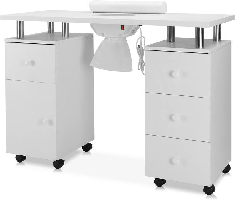 Manicure Table Nail Desk for Nail Tech w/Electric Dust Collector & Wrist Rest, Acetone Resistant Top Beauty Salon Nail Supplies Decor Station w/Lockable Wheels, Cabinet, Drawer (White) W7