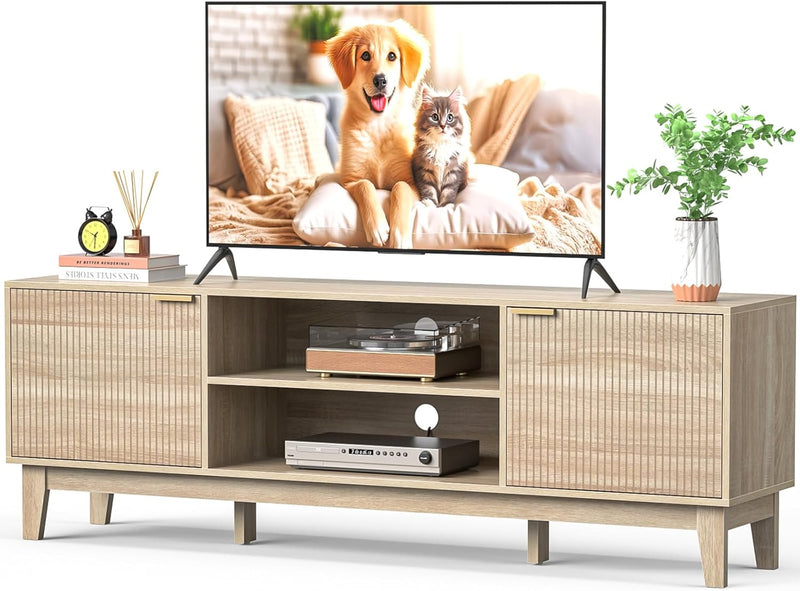 70" TV Stand for Living Room, Fluted Mid-Century Modern TV Console for TVs up to 80 inch, Farmhouse Entertainment Center with 2 Storage, Media Console Table for Living Room, Oak M2