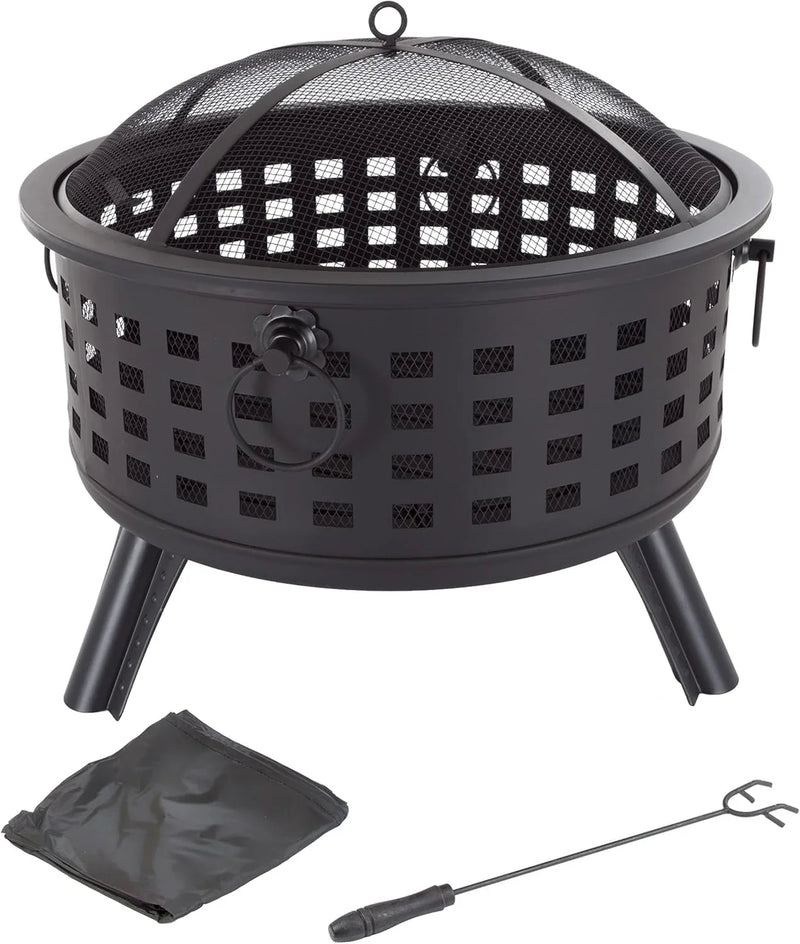 Outdoor Fire Pit - 26-Inch Round Lattice Wood Burning Firepit with Screen, Poker, Grate and Cover - Wood Fire Pits & Outdoor Fireplaces by Pure Garden R9
