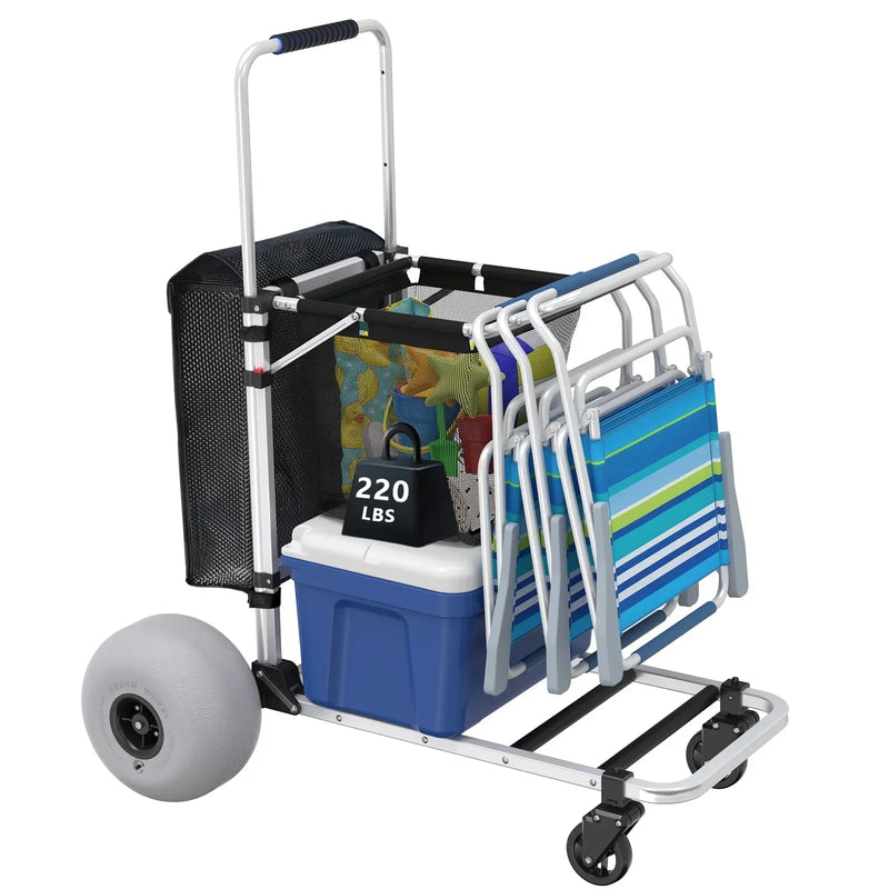 Foldable Beach Cart with Adjustable Handle and 12" Balloon Wheels, Heavy Duty Aluminum 220LBS Capacity Q2