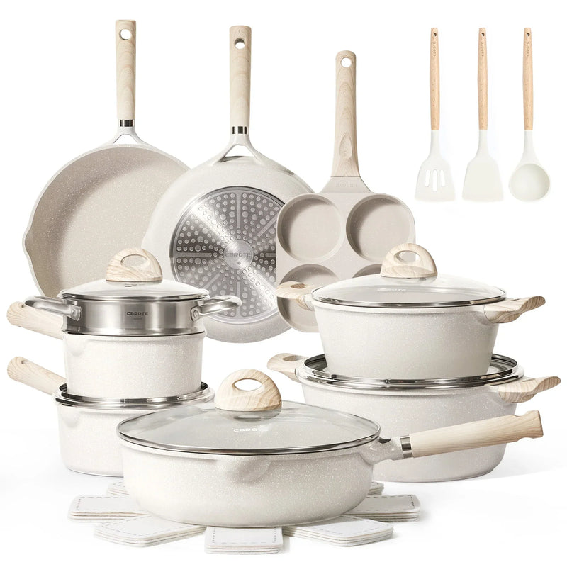 Carote Non Stick Pots and Pans Set, 21 Pcs Induction Kitchen Cookware Sets (Beige Granite) O5