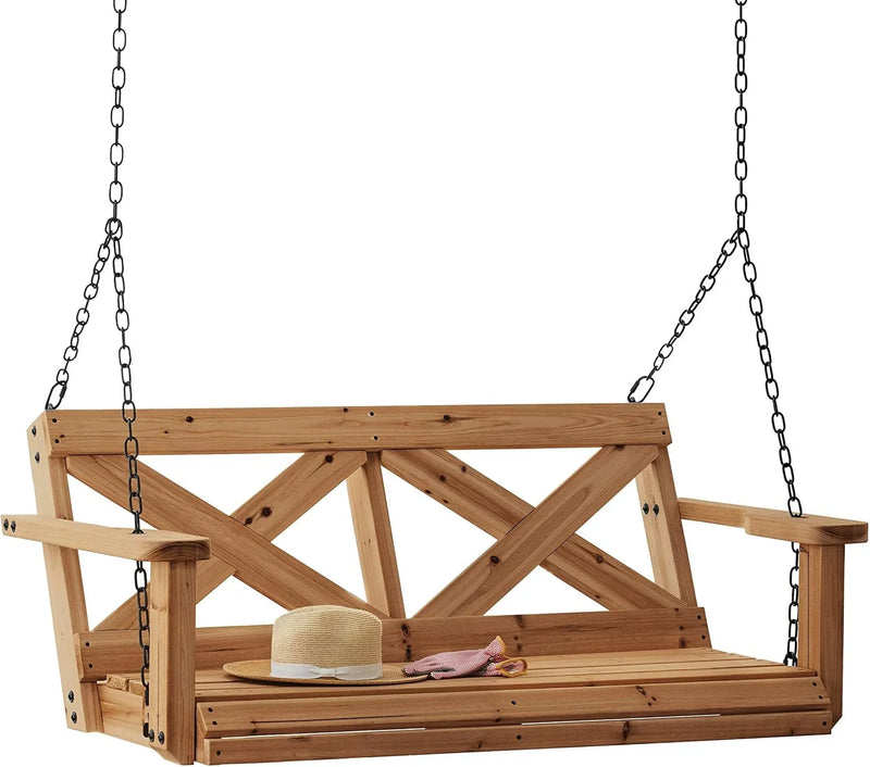 Backyard Discovery 55" Cedar Wood Farmhouse Outdoor Porch Swing Bench with Two-Person Seating, Durable Hanging Chains, Water-Resistant, Heavy-Duty 600 Lbs Weight Capacity for Patio, Deck, Garden O8