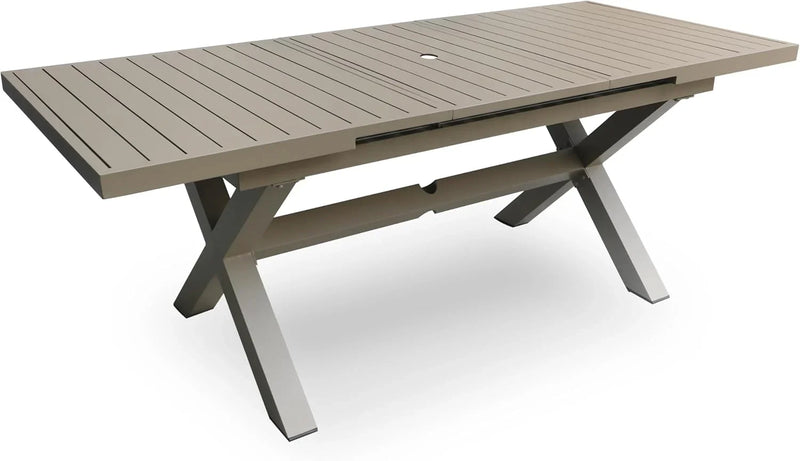 Extendable Patio Dining Table for 6-8, 63''-83'' Outdoor Aluminum Table w/Umbrella Hole, Rectangle Slatted Tabletop, Metal X-Trestle for Meals Garden Deck Backyard Gathering Party - Light Brown F7