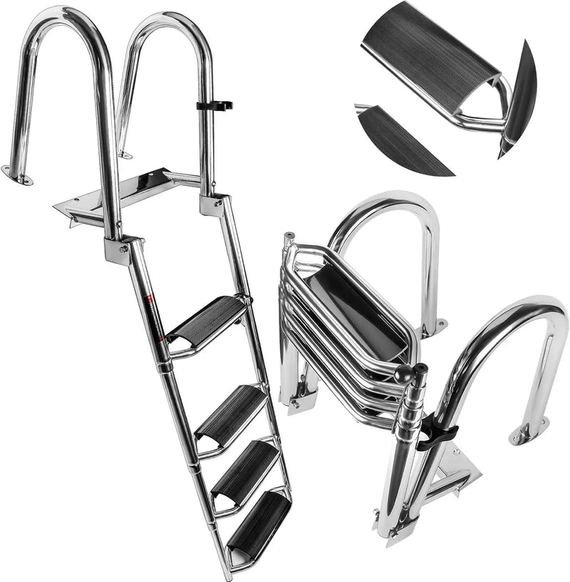4 Steps Telescoping Boat Ladder Reinforce Dock Ladder Heavy Duty Swim Deck Ladder with Hand Railings and Extra Wide Steps H9