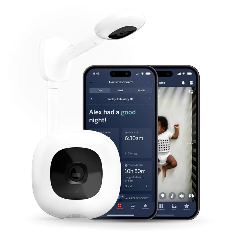Smart baby monitor and wall-mounted device - 1080p security Wi-Fi video camera, sensor-free sleep and breathing motion tracker, two-way audio, sound and motion alerts, night vision function, breathing band - white Y3