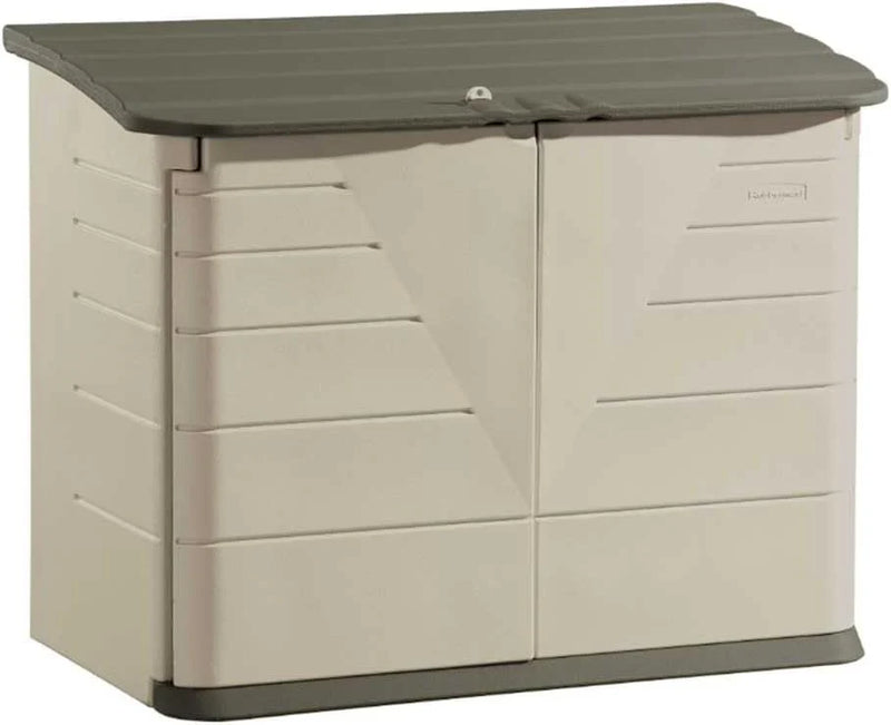 Poly resin outdoor storage shed, with floor (4.5 feet x 3 feet), weather-resistant, beige/brown, suitable for storing and organizing household/backyard/swimming pool chemicals/toys/garden tools/porch/terrace cushions. P1