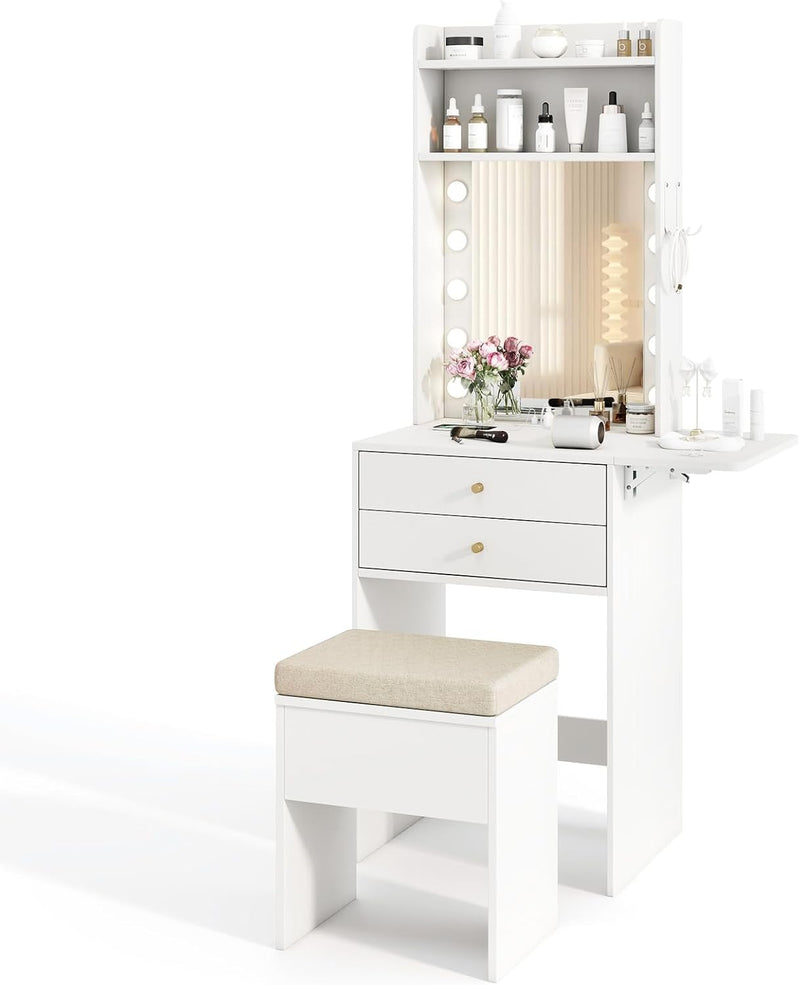 Small Vanity Desk with Mirror and Lights, Makeup Vanity Table with Charging Station, Drawers, Shelves, Foldable Side Table, Compact Dressing Table with Storage Chair for Small Space (White) E6
