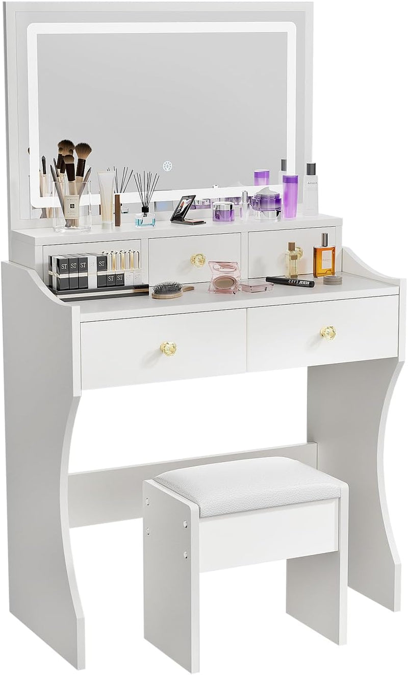 Makeup Table with Extra Large Mirror and Lights, 80cm Dressing Table with Stool F8