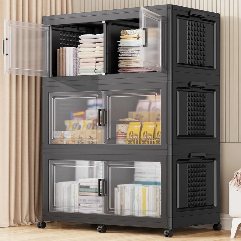 200Gal Extra Large Plastic Storage Bins with Lid & Wheels, Stackable Collapsible Bins with Dividers, Cube Closet Organizers and Storage Cabinet Shelves Box Roomy for Home Kitchen,4Pack White K4
