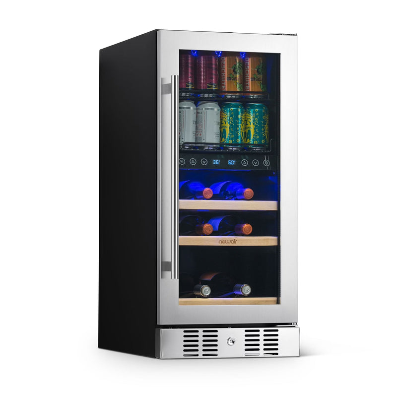Newair 15 Dual Zone Beverage Cooler with Removable Beech Wood Shelves, Stainless Steel Q9