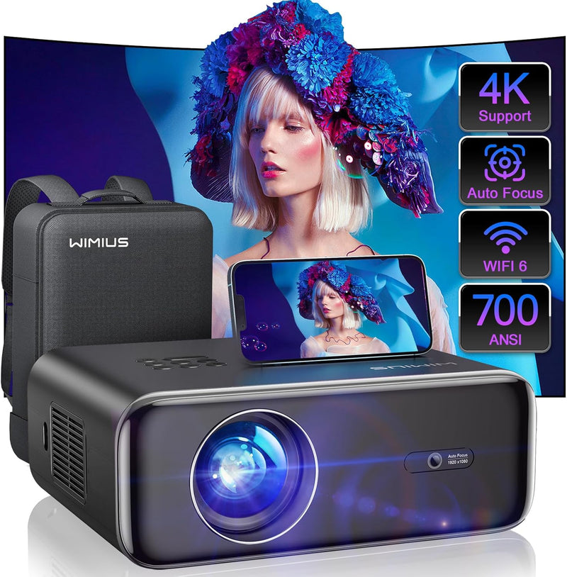 [Auto Focus/4K Support] Projector with WiFi 6 and Bluetooth 5.2, 700ANSI Native 1080P Outdoor Movie Projector, WiMiUS P62 Auto 6D Keystone & 50% Zoom, Smart Home Projector for iOS/Android/TV Stick C9