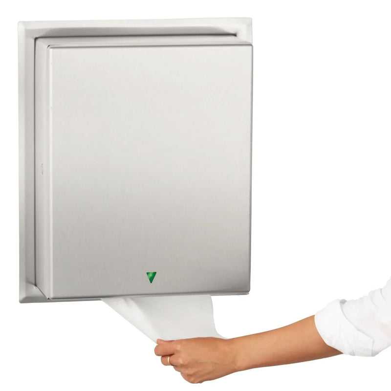 Automatic roll towel dispenser, semi-integrated design, matte stainless steel material, adjustable sensor, LED light guide, no contact operation, AC adapter/battery power supply, universal roll towel compatibility Y2