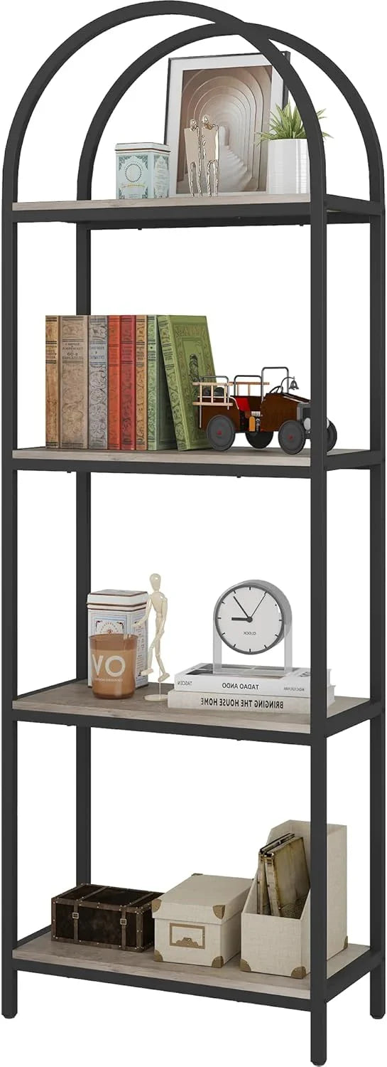 Yusong Bookshelf Rattan Arched Bookcase, 74" Tall Industrial Open Book Shelves for Living Room, Modern Freestanding Boho 5 Tier Display Storage Rack with Metal Frame, Office, Bedroom, Burlywood D7