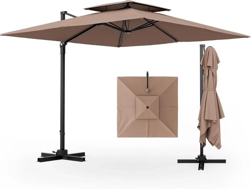 9.5-foot cantilevered patio umbrella, outdoor square offset umbrella, 360° rotatable, double-structured heavy-duty patio hanging umbrella, with cross base, suitable for gardens, patios, swimming pools and backyards. V8