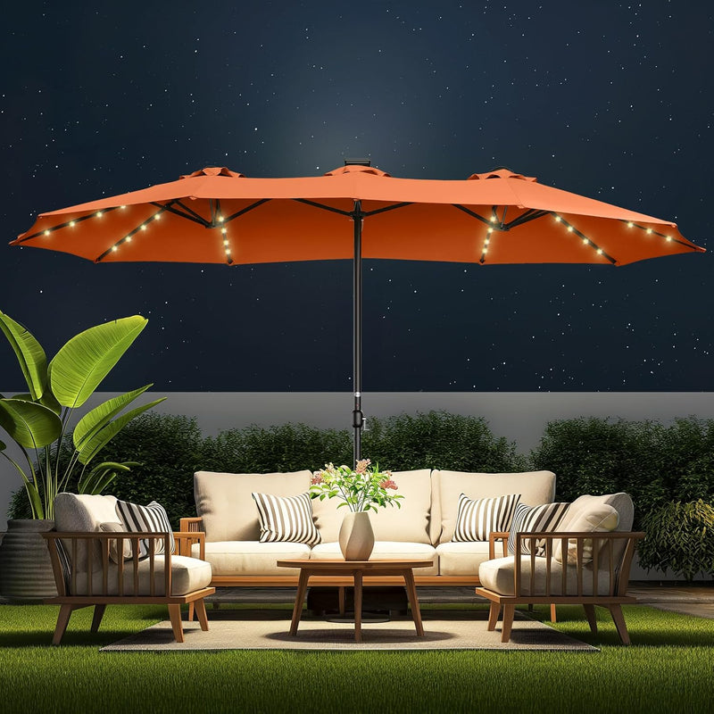 Double Sided Patio Umbrellas - 15ft Solar Lights LED Lighted Outdoor Extra Large Market Table Umbrella with Base Included, Oversized Umbrella for Deck, Pool, Backyard (Beige) A9