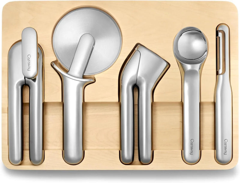 Kitchen Tool Set - Five-piece essential kitchen items - Made of stainless steel - Includes can opener, pizza cutter, garlic press, ice cream scoop, vegetable peeler and storage organizer box T9