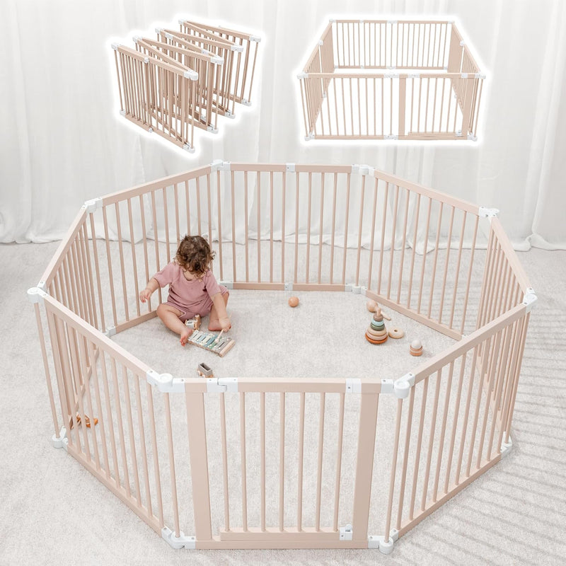Baby Playpen & Gate - 144 x 144 x 63 cm, Extends Up to 579 cm - Pine Wood Foldable Playpen with Child-Proof Lock - Safe Play Fence Easy Assembly Baby Play Yard - Light Wood White O5