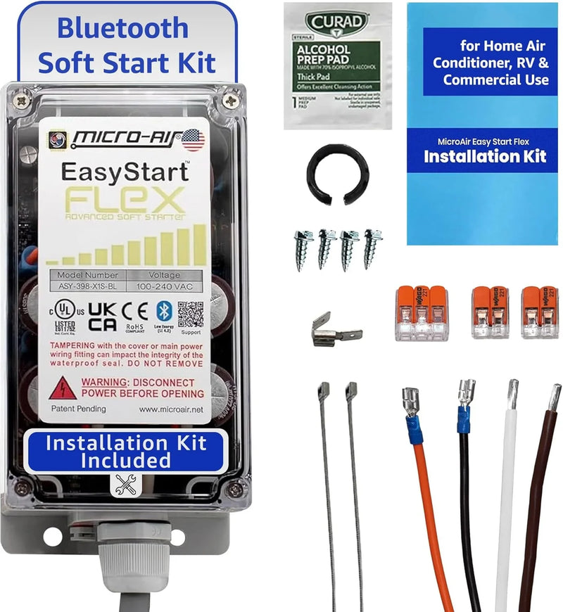 EasyStart FLEX 398 - Bluetooth Soft Start Kit for Home Air Conditioner, RV & Commercial Use, Works with Generators, Reduces Power Surge, Efficient Start-Up - Up to 6 Tons w/Installation Kit X8