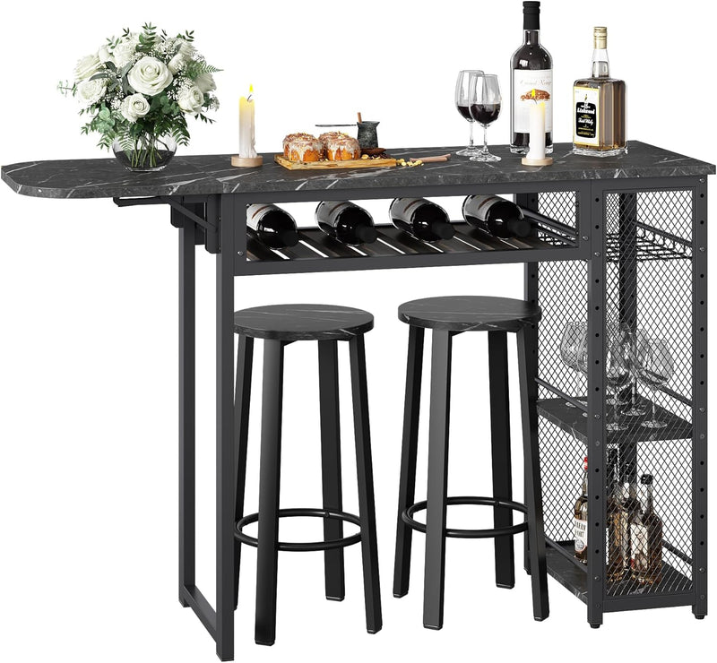 Bar Table and Chair Set, Industrial Expandable Dining Table with 2 Bar Stools, Kitchen Counter with Wine Rack & 3 Tier Adjustable Storage Shelves Rustic Brown C2