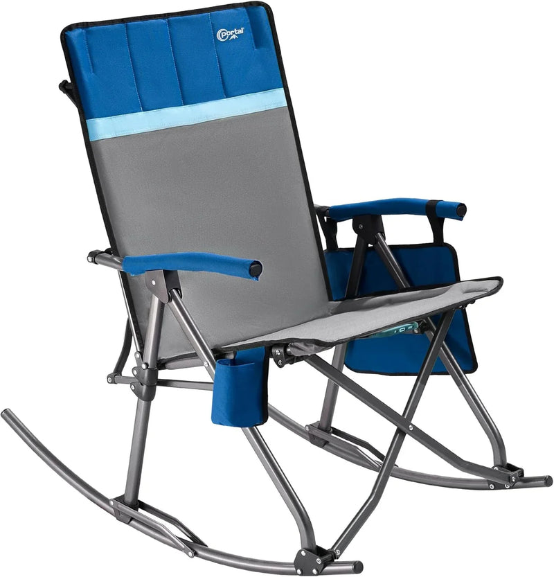 Large-sized foldable rocking chair-style camping chair. Portable outdoor rocking chair, equipped with a high back and sturdy armrests. The carrying bag can bear a weight of 300 pounds. The back of the seat has padding. The color is blue. P2