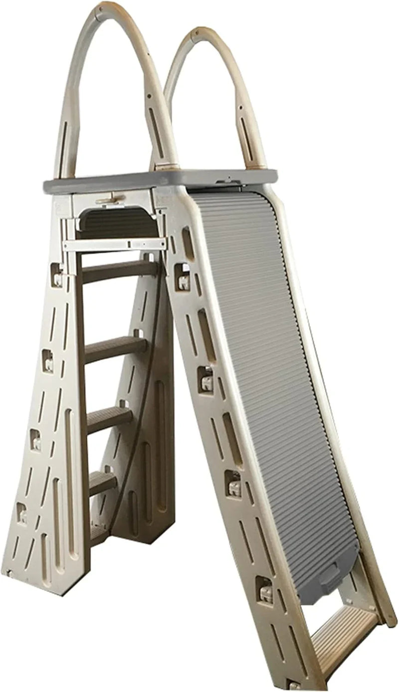 Confer Plastics 7200 Roll Guard 48" to 56" Adjustable A Frame Safety Ladder for Above Ground Outdoor Patio Swimming Pool Platform Ladder with Step Barrier, Warm Grey… U4
