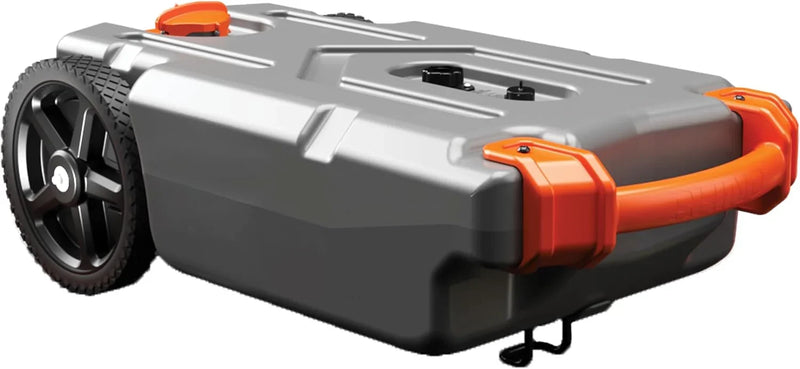 28-gallon portable camping vehicle/rv travel tank | Equipped with 2 controllable non-flat-front wheels and built-in valve | Includes detachable 24-inch tow bar, 3-foot sewage hose and other RV accessories P2
