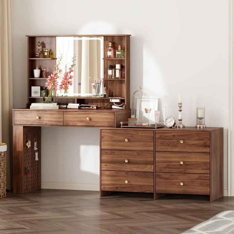 Makeup Vanity Desk with Mirror and Lights, Vanity Desk with 8 Drawers & Storage Shelves, Vanity Table with Power Outlet, 3 Color Modes & Adjustable Brightness Dressing Table, Bedroom,White2 C6
