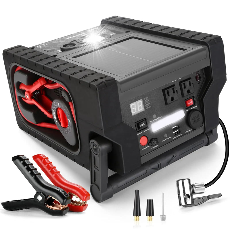 ZD-529 Solar Portable Power Station 2000 Amps Jump Starter, 260 PSI Air Compressor, 12V Car Battery Charger with 400W Inverter Dual AC/DC/USB Output, Emergency Backup Power with Flashlights V9