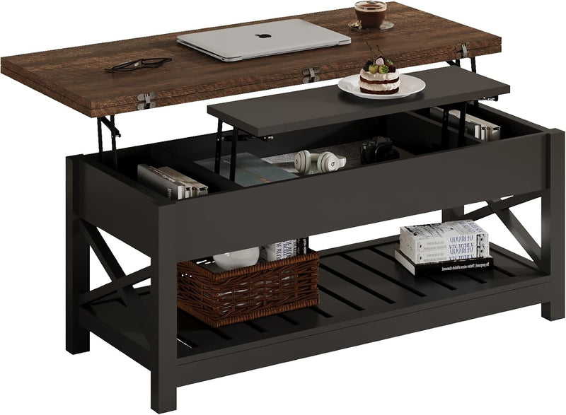 Multi-Function Convertible Coffee Table with Storage and Hidden Compartment, Converts to Dining Table, 40 White & Brown A7