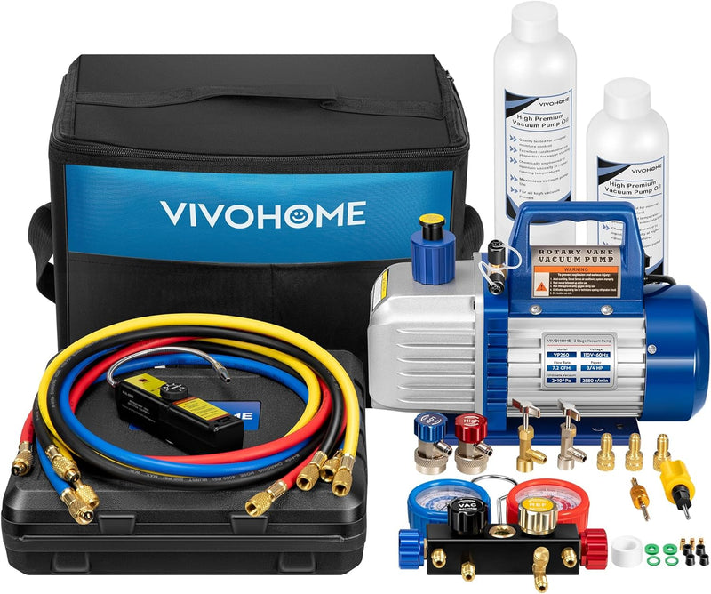 110V 1/4 HP 3.5CFM Single Stage Rotary Vane Air Vacuum Pump and AC Manifold Gauge Set Kit with Thermometer for R134a R12 R22 R502 R410a HVAC Air Conditioning Refrigeration Recharging Red D5