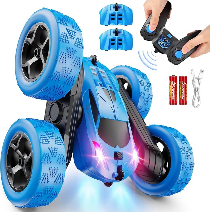 Children's version remote control car (suitable for children over 6 years old), RC car stunt toy, four-wheel drive, double-sided design, 360° rotating remote control, with headlights, is a birthday or Christmas gift for boys aged 6, 7, 8, 9, 10, 11, T2