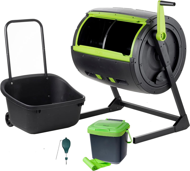 Two 65-gallon two-stage composting drums, equipped with large double doors and an open frame, are also provided along with a maze-style compost cart, a 1.85-gallon kitchen trolley-style compost bin, three rolls of corn bags, and a retractable plant t B5