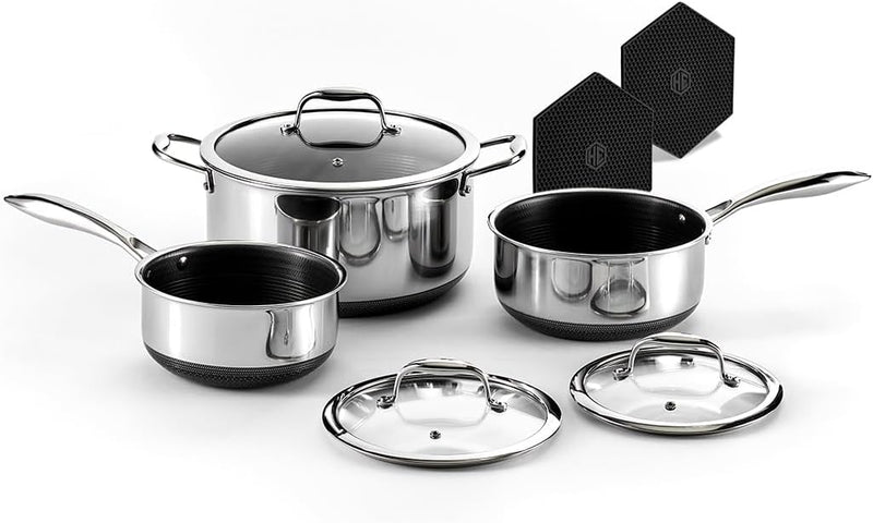 Hybrid Nonstick 6-Piece Pot Set with 2 Silicone Trivets, 2, 3, and 8-Quart Pots with Tempered Glass Lids, Stay-Cool Handles, Dishwasher-Friendly, Induction-Ready, Compatible with All Cooktops O7