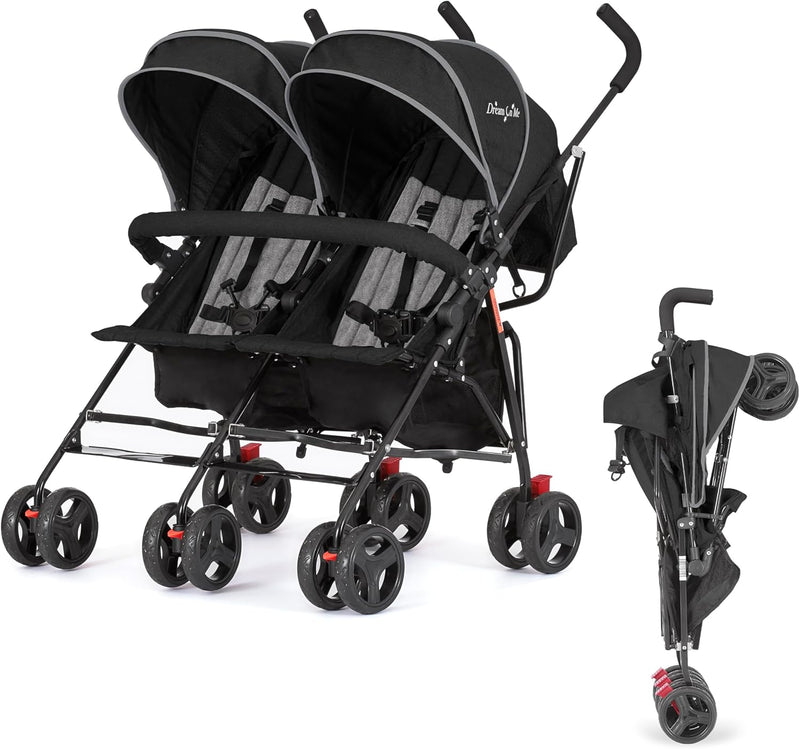 Twin Umbrella Stroller in Black, Lightweight Double Stroller for Infant & Toddler, Compact Easy Fold, Large Storage Basket, Large and Adjustable Canopy B8