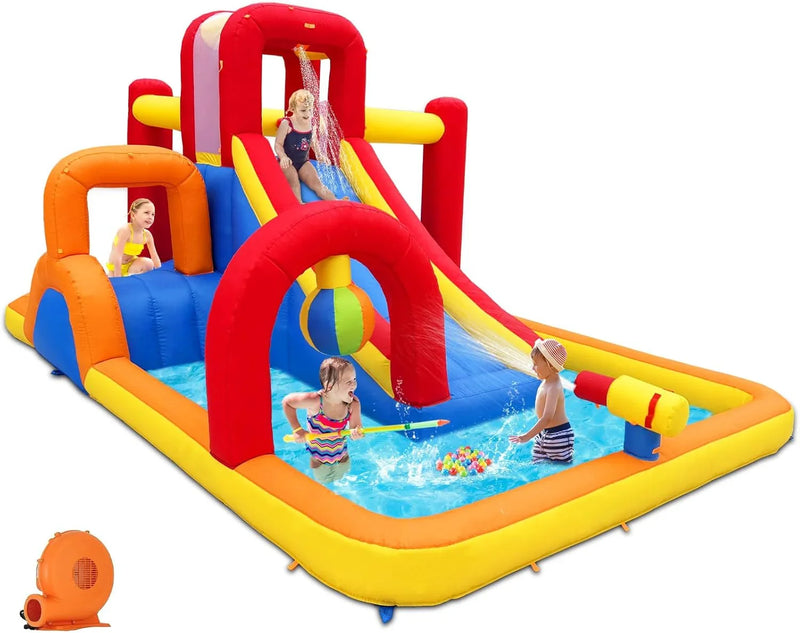 Inflatable Water Slide, 10 in 1 Water Park Bounce House with Blower, Splash Pool, 2 Slides, Water Cannon, Climbing Wall, Blow up Water Slides for Kids Outdoor Backyard I8