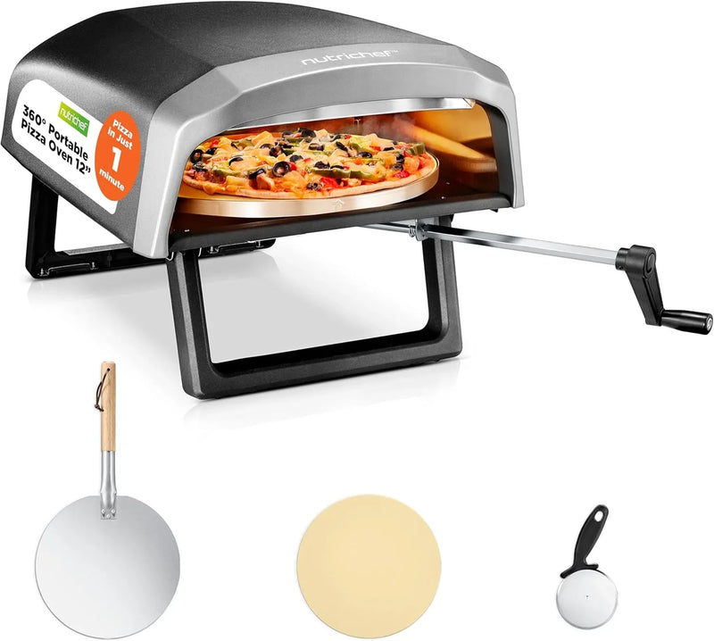 Outdoor pizza oven, equipped with 360-degree rotating pizza stone | Adjustable temperature control | Includes pizza shovel, pizza knife, stone, lid and hose | Can bake a 12-inch pizza in 60 seconds | 32.9 x 16.1 x 12.4 inches G1