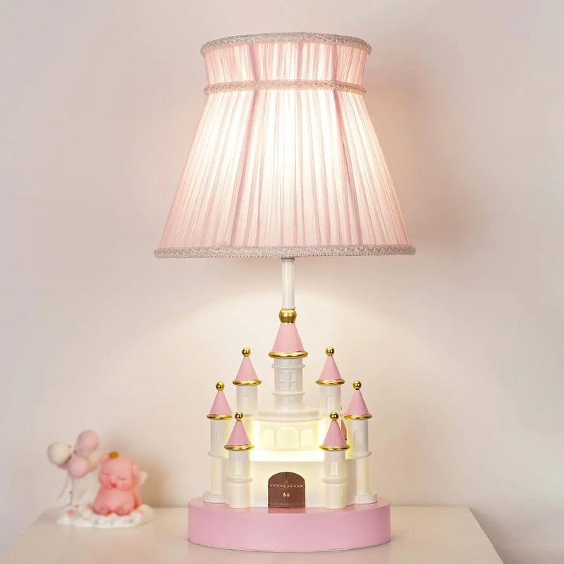 Cartoon children's table. Light pink bedside table. Princess-style cute castle-shaped resin material lamp for girls' bedroom and living room, with fabric shade cover. U9