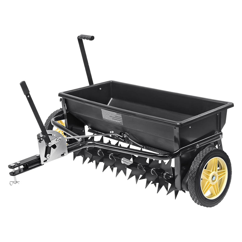Broadcast seeder, 100-pound tractor-mounted rear polyethylene seeder with 10-inch wheels, equipped with a steel spike weeder, fertilizer spreader, garden seeder and salt spreader, suitable for residences, farms, rough terrain, and black pavement. U4