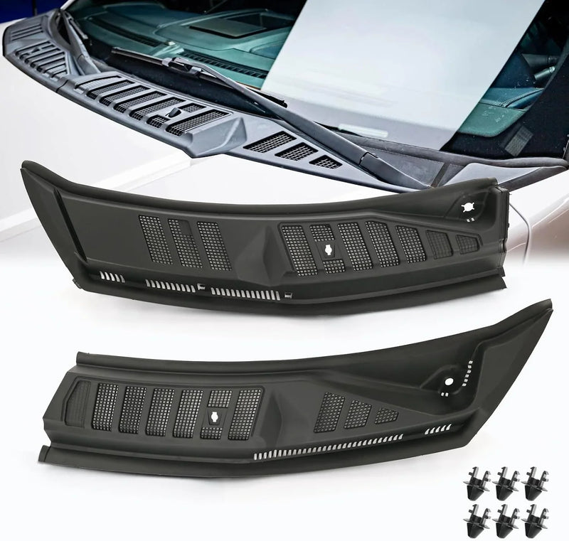 The front windshield wiper cover panel grille is compatible with the 2009 - 2014 models of Ford F150. It features two front insert panels on both the left and right sides. H5