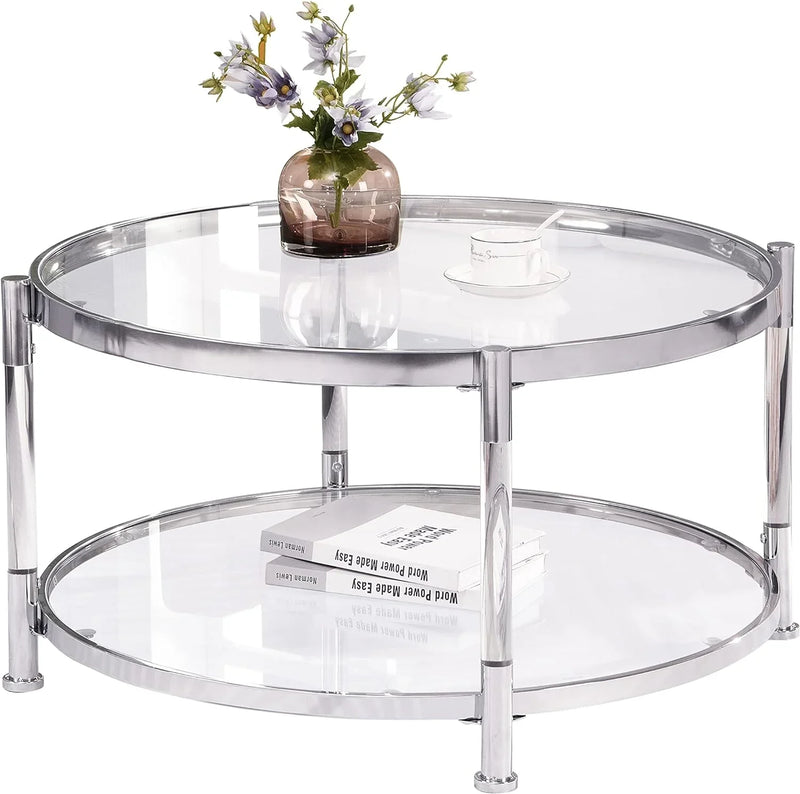 A round coffee table with a metal frame, the surface is made of chrome-plated acrylic glass. M3