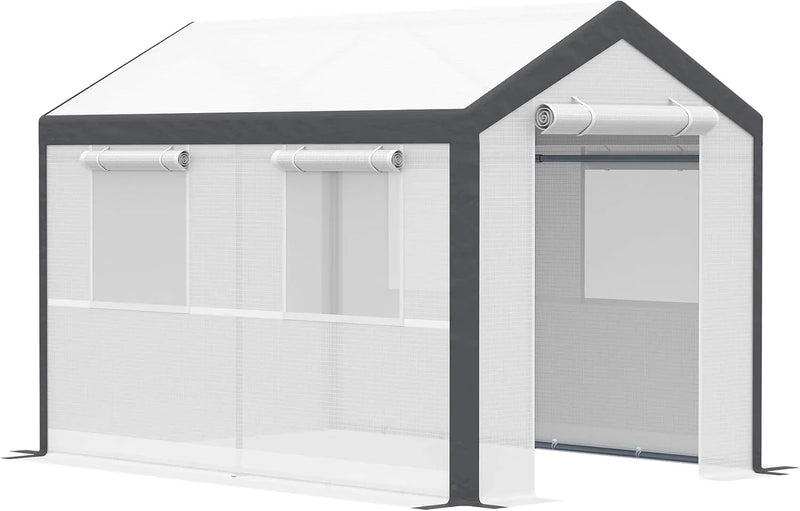A 20-foot x 10-foot x 9-foot walk-in green house with an outdoor garden greenhouse, equipped with 6 roll-up windows, 2 zipper doors and a rain cover, in white color. E4