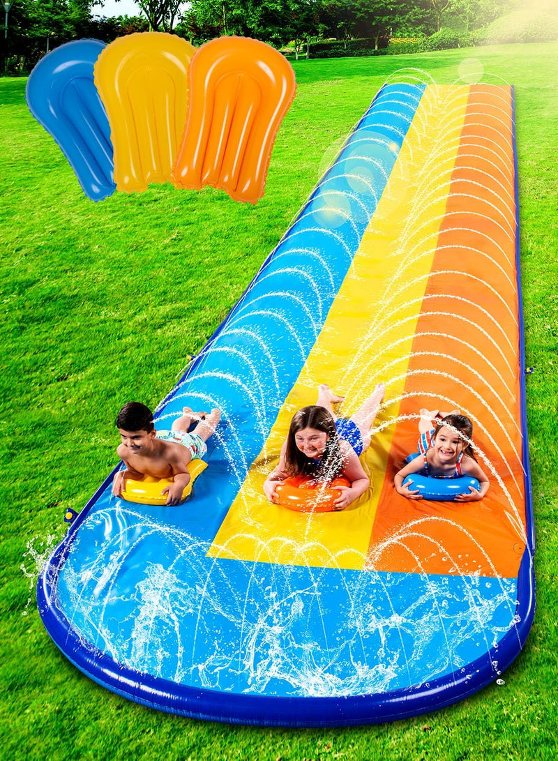 Sloosh Triple Water Slide with 3 BodyBoards, 22.5FT Lawn Water Splash Slip and Slide Summer Toy Splash Pad with Build in Advanced Sprinkler for Kids Adults Backyard Summer Water Fun Y2