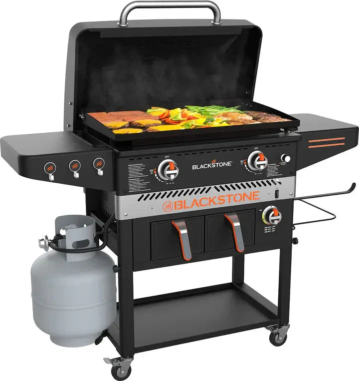 Blackstone 1962 Air Fryer Combo & Two Burners Stainless Steel Gas Hood, Wheels, Two Side Shelf – Heavy Duty Outdoor Griddle Station for Backyard, Patio, 28 inch Black Q3