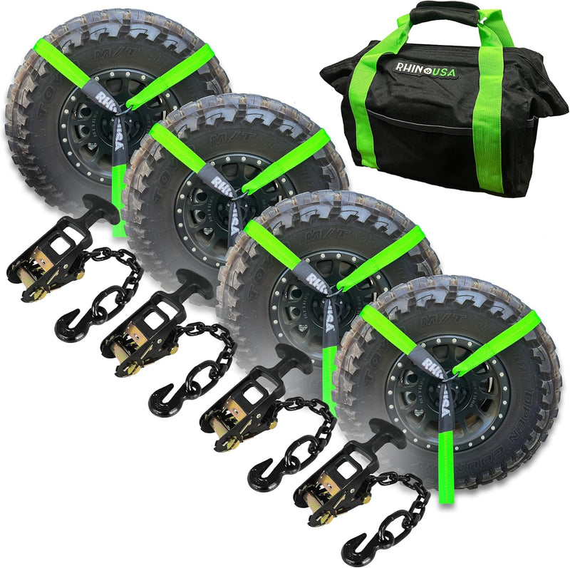 Car Tie Down Straps for Trailers with Flat Hooks (4-Pack) - 2 Inch x 8 Feet (10,000lb Break Strength) - Heavy Duty T-Handle Car Lasso Tire Straps for Trailer & UTV - Black S5