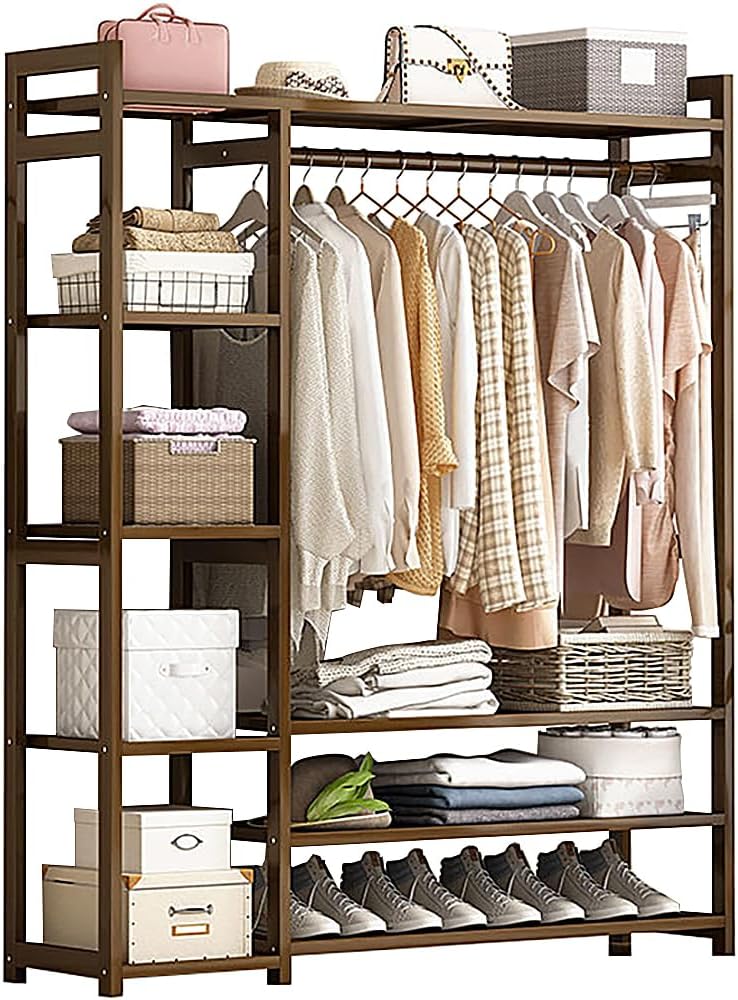 Floor-Standing Solid Wood Rotating Coat Rack，Portable Bamboo Clothes Rack - Versatile Closet Organizer with Storage Shelves and Compartments for Bedroom, Entryway, or Living Room - Stylish a I2