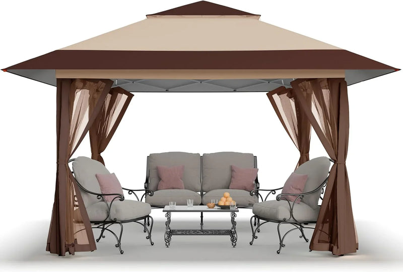 CROWN SHADES 13x13 Pop Up Gazebo, Canopy Tent, Gazebos on Clearance - Outdoor Gazebo for Backyard & Patio Furniture - Carpa Pop Up Tent with Wheeled STO-N-Go Cover Bag (Beige & Coffee) C1