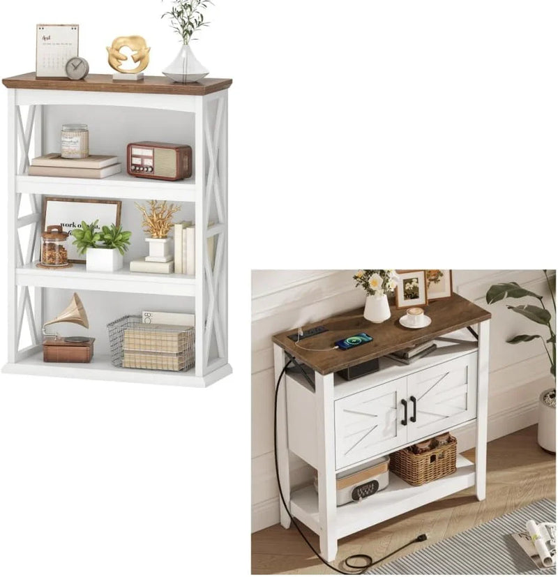 Farmhouse Sofa Table with Power Outlet-4-Tier Bookcase, 42.9" Floor Standing Organizer Shelf Y5
