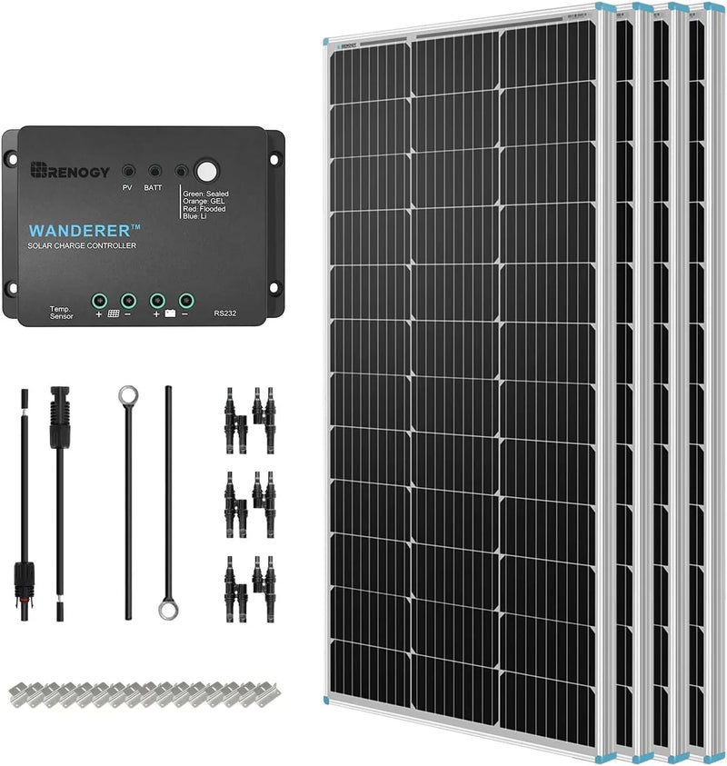 400 Watt 12 Volt Premium 4 Pcs 100W Panel 40A MPPT Charge Controller Bluetooth Module Fuse Mounting Z Brackets Adaptor Kit Tray Cables Set, 400W, Grid 12V Solar Power System X7