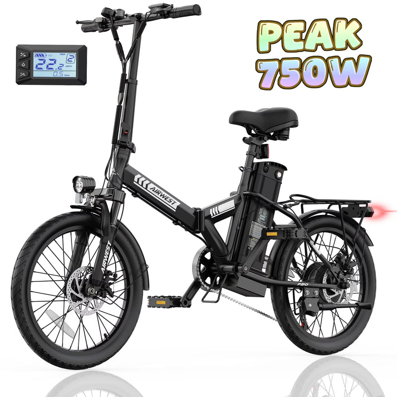 AIRWEST 20 in Foldable Electric Bike for Adults, Compact Commuter eBike with 500W Motor 750W Peak, Removable 48V 7.8Ah Battery, 50 Miles PAS... M9